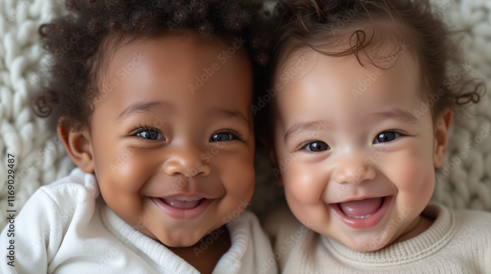 Two Adorable Smiling Laughing Newborn Infant Babies of Different Race: Black African American and Asian Chinese Two Adorable Smiling Laughing Newborn Infant Babies of Different Race: Black African American and Asian Chinese