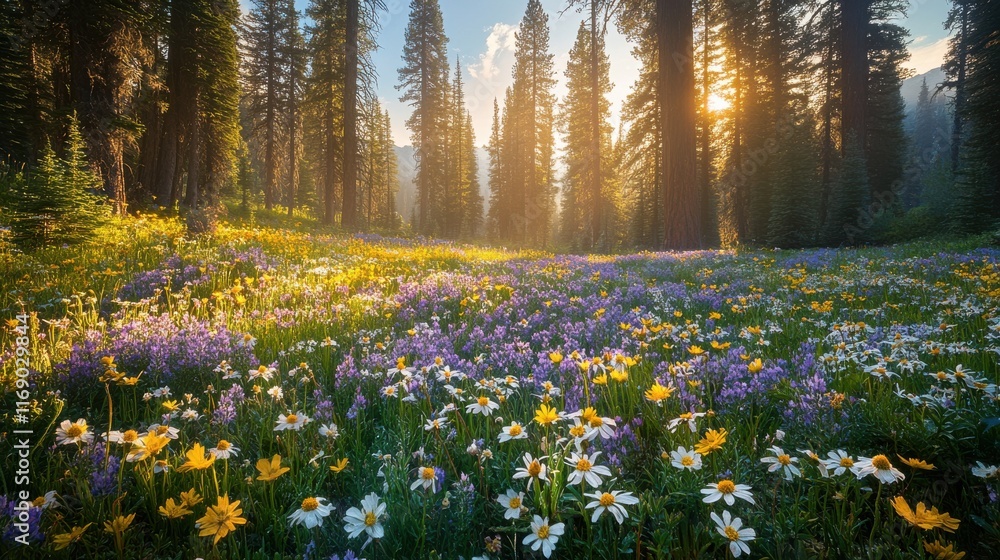 Fototapeta premium Sunlit forest meadow with blooming wildflowers and towering trees at sunrise