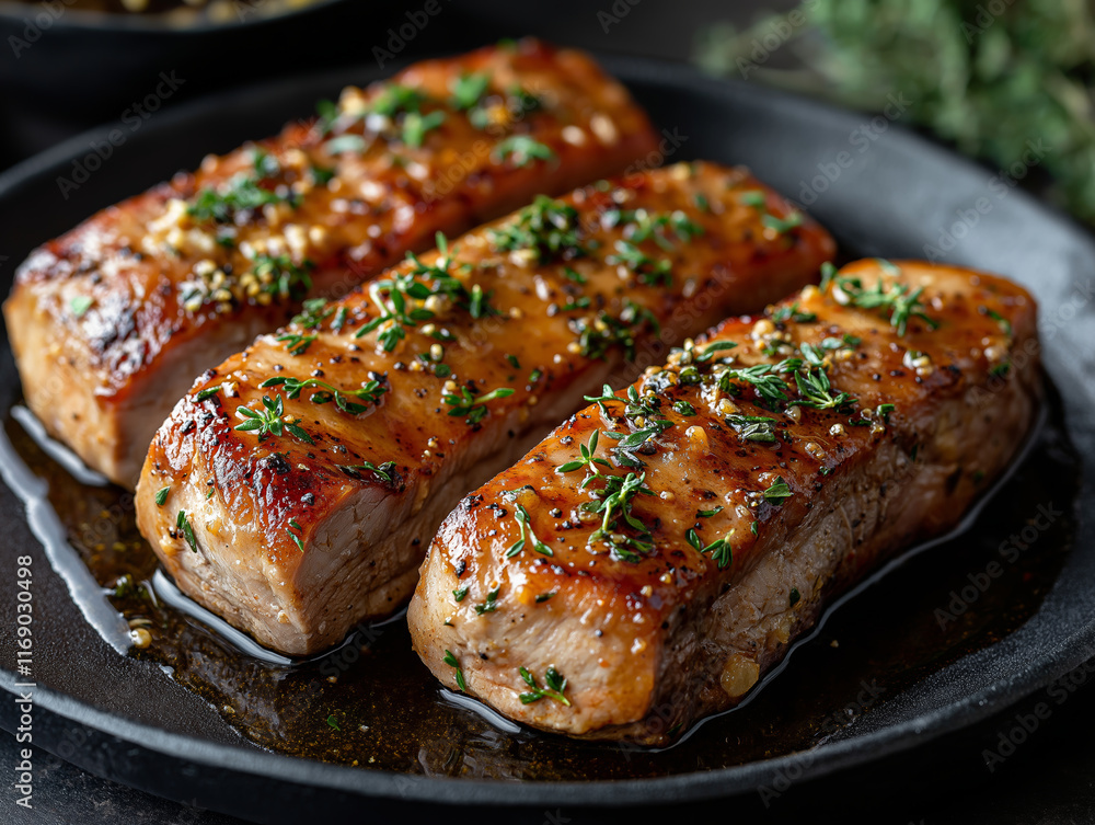 Grilled sliced steak with herbs and spices in black skillet Grilled sliced steak with herbs and spices in black skillet