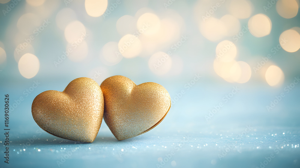 Fototapeta premium Two golden hearts resting on soft pastel background, evoking warmth and love