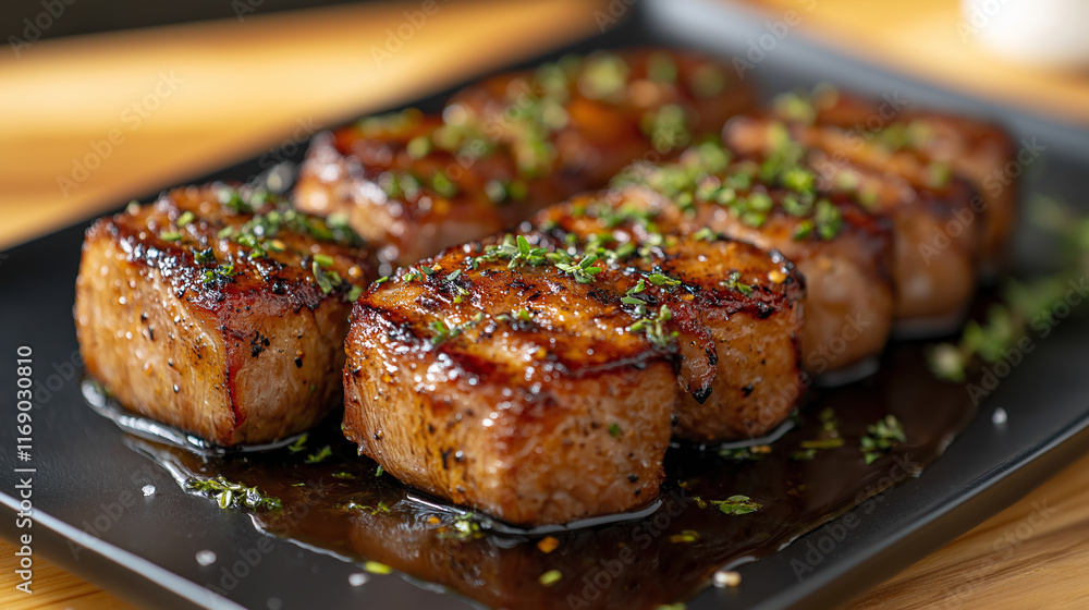 Grilled sliced steak with herbs and spices on black plate with sauce and garnish Grilled sliced steak with herbs and spices on black plate with sauce and garnish
