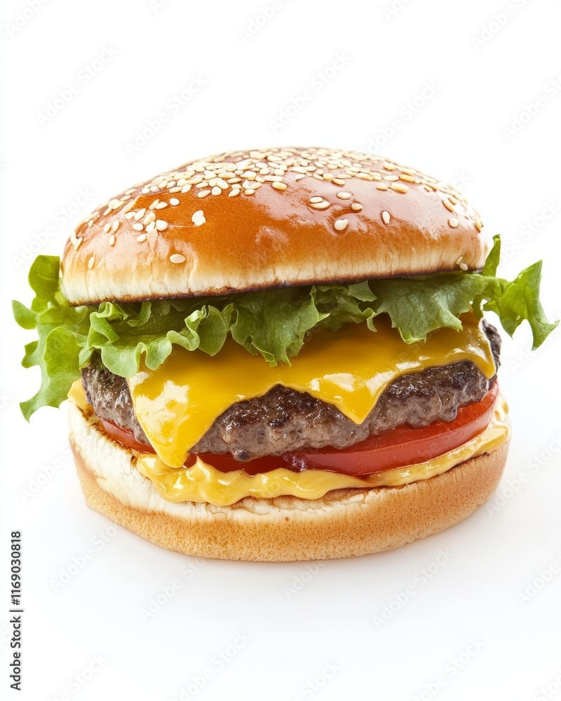 A juicy cheeseburger with melted cheese, crisp lettuce, and tomato, set against a pure white background. A juicy cheeseburger with melted cheese, crisp lettuce, and tomato, set against a pure white background.