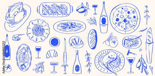 Hand Drawn Foods Doodle Mediterranean Matisse Italian Food and Drink, Summer Tropical and Sea Food Line Drawing Isolated Vector