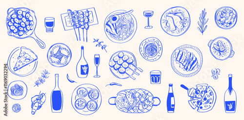 Hand Drawn Foods Doodle Mediterranean Matisse Italian Food and Drink, Summer Tropical and Sea Food Line Drawing Isolated Vector