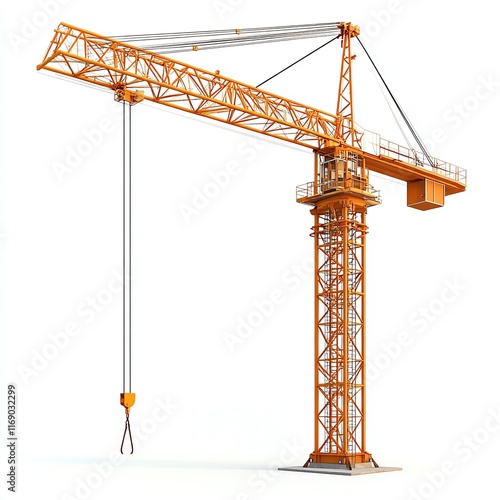 A tall orange construction crane with a hook, used for lifting and moving heavy materials at building sites. photo