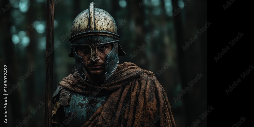 Naklejka premium Intrepid warrior in ancient armor stands resolute among shadows of a misty forest in twilight