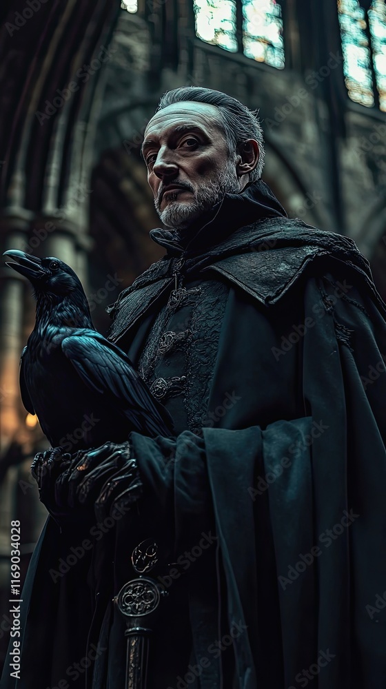 Naklejka premium An elderly man in dark robes holds a raven