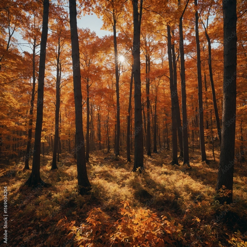 Obraz premium A bright, sunny autumn day in a forest filled with trees in shades of orange and red.