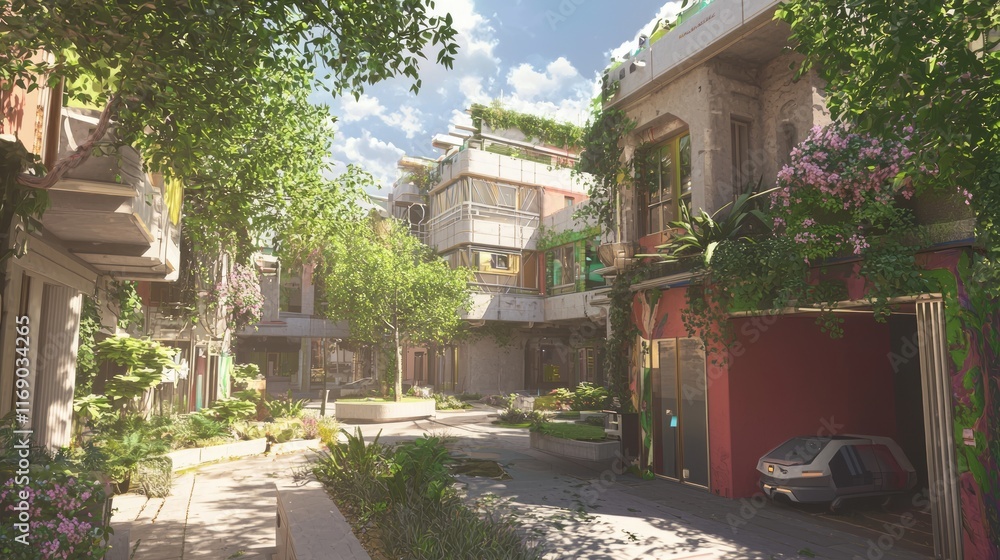 Obraz premium Dawn in a Color-Coded Futuristic Indian Neighborhood - Ultra-Detailed Cinematic Rendering of Futuristic India Concept Image