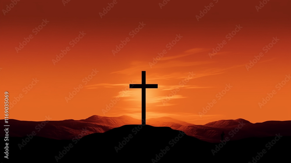 a minimalistic silhouette of a cross in front of a bright sunrise, warm glowing light, clean background with space for text, photorealistic, hopeful atmosphere a minimalistic silhouette of a cross in front of a bright sunrise, warm glowing light, clean background with space for text, photorealistic, hopeful atmosphere