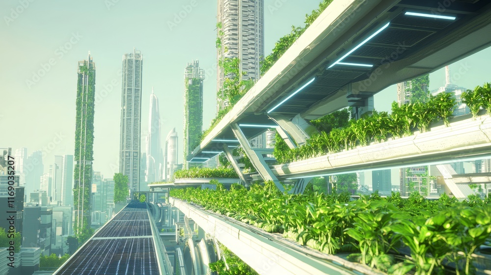 Fototapeta premium Urban Oasis: Futuristic City Rooftop Farming in India with Geometric Plantations and Neon-lit Elevator Shafts against a Crisp Morning Sky - Cinematic Image