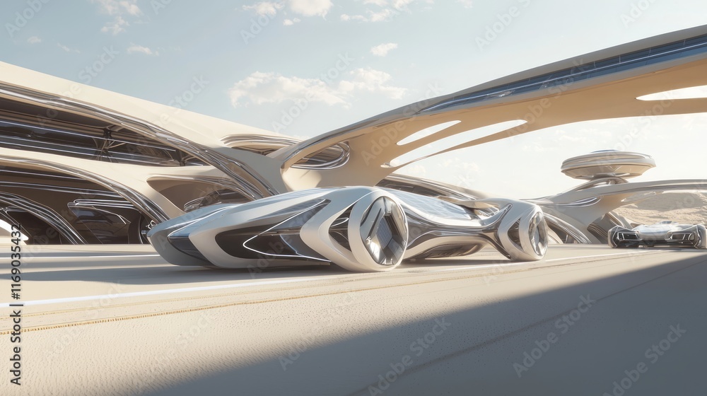 Obraz premium Futuristic Solar Racing Vehicles at Indian Desert Circuit - Photoreal Cinematic Image with Aerodynamic Designs and Swirling Heat Waves