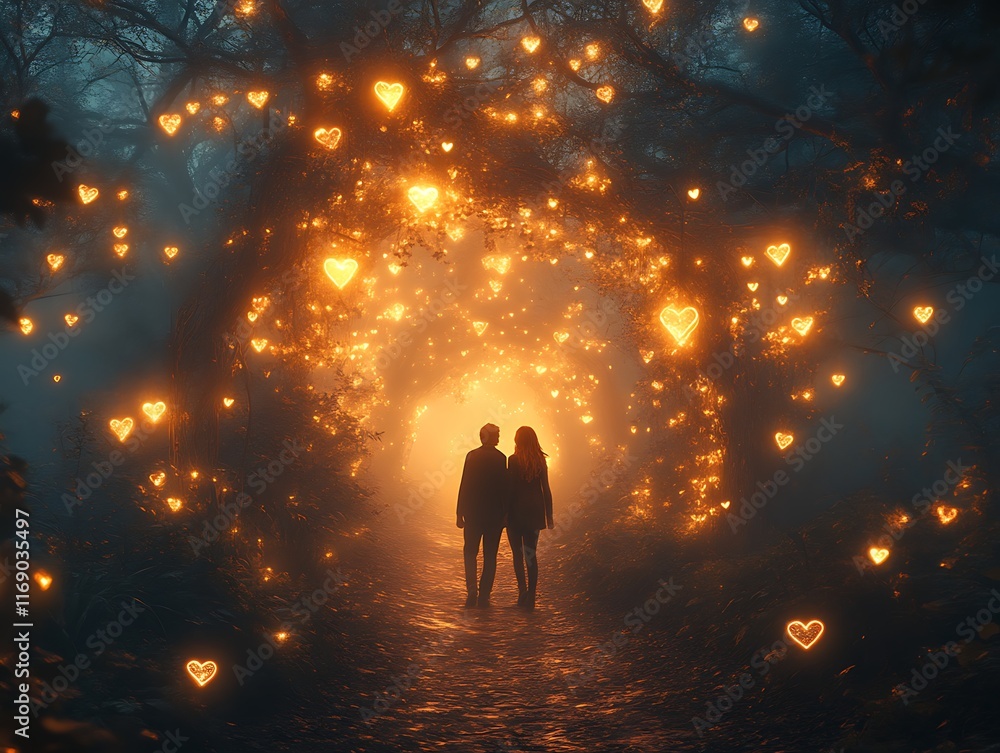 Couple silhouetted in magical heart-lit forest path. Couple silhouetted in magical heart-lit forest path.