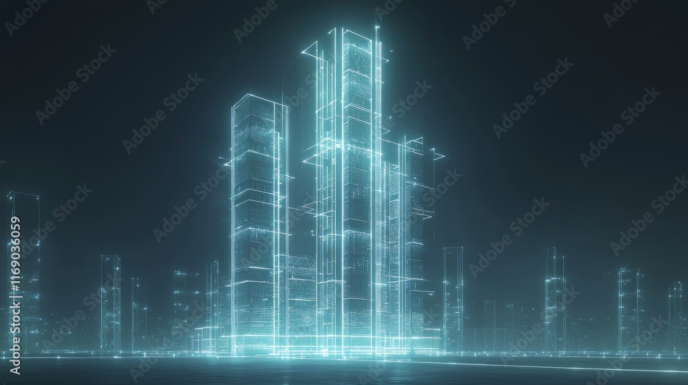 Fototapeta premium Digital Pulse of India: Futuristic Data Hub with Geometric Server Towers and Glowing Data Streams