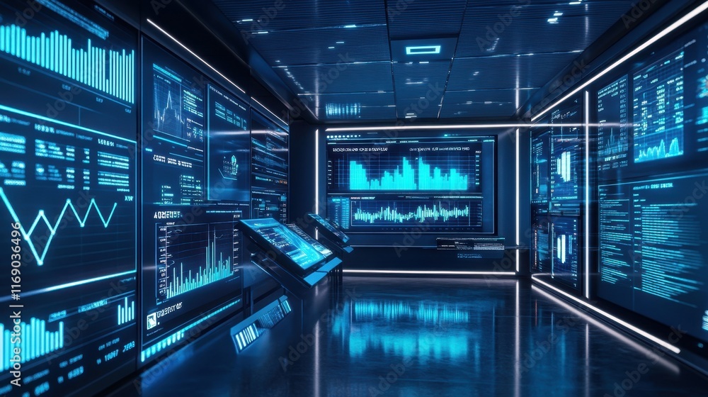 High-Tech Futuristic Business War Room with Digital Screens High-Tech Futuristic Business War Room with Digital Screens
