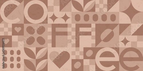 Abstract geometric pattern with coffee in mocha mousse color. Mosaic background with paper texture for cafe design, menu or shop. Geometric seamless pattern with coffee beans, vector illustration