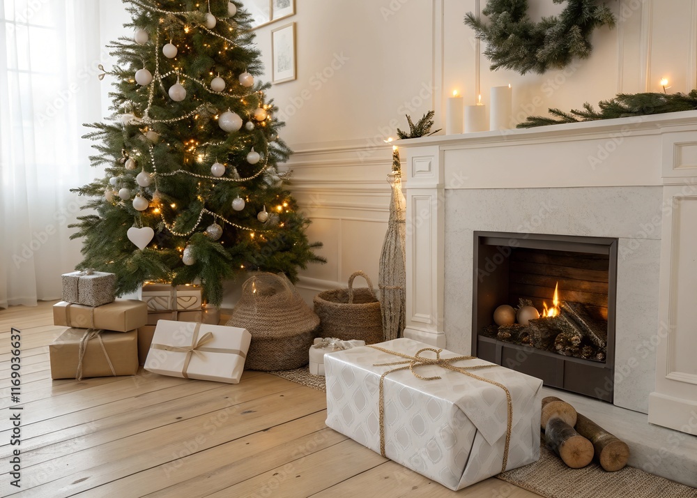 Fototapeta premium Cozy Holiday Living Room with Christmas Tree and Gifts