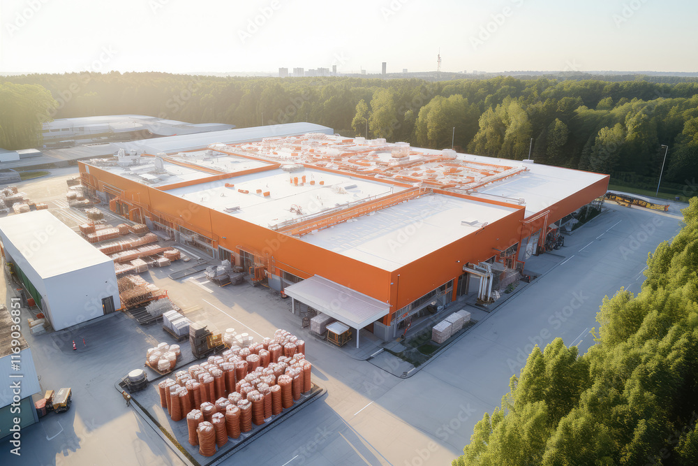 Fototapeta premium Modern Industrial Warehouse Complex Aerial Perspective