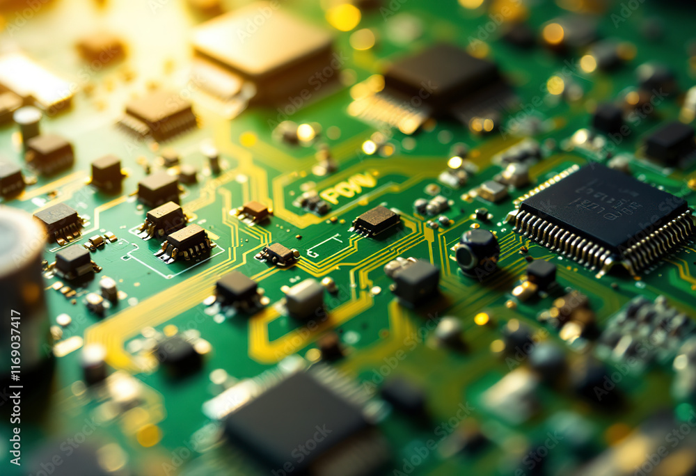 A close-up view of a green circuit board with various electronic components and copper traces A close-up view of a green circuit board with various electronic components and copper traces
