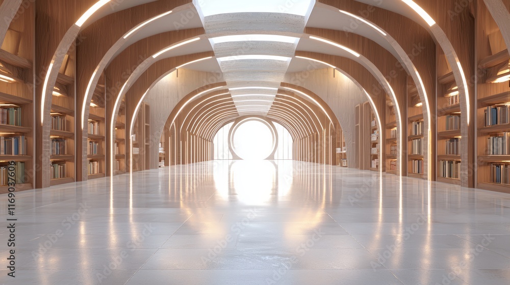 Obraz premium Futuristic Indian Library: Holographic Archives and Geometric Arches in Morning Sunlight - Ultra-Detailed Cinematic Image
