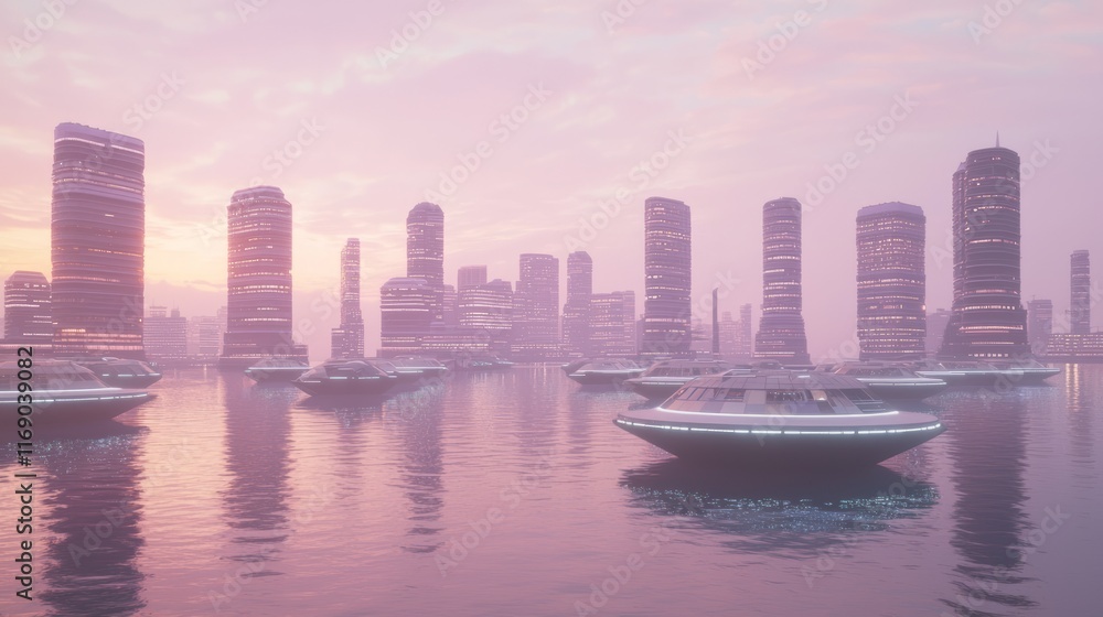 Fototapeta premium Futuristic Indian Harbor City with Lotus Wave Breakers and Advanced Cargo Drones at Dawn