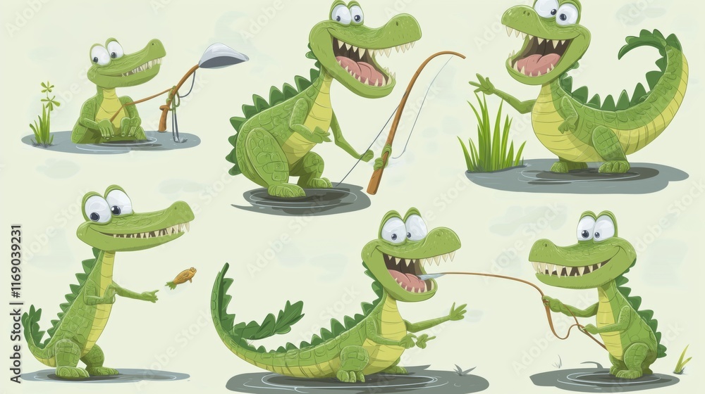 Fototapeta premium Fun-loving cartoon crocodiles engaged in fishing activities by a pond during sunny weather