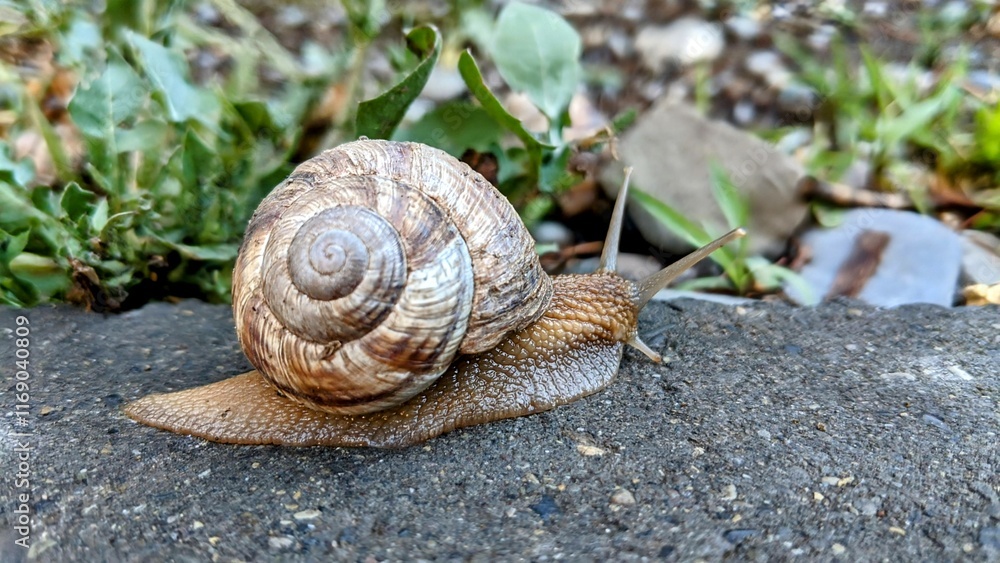 A large snail slowly crawls across a city sidewalk, creating an intriguing contrast between nature and urban life. The detailed shell and slimy trail are captured in vivid focus, highlighting the snai A large snail slowly crawls across a city sidewalk, creating an intriguing contrast between nature and urban life. The detailed shell and slimy trail are captured in vivid focus, highlighting the snai