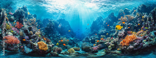 Tropical sea underwater fishes on coral reef. snorkel, diving. Aquarium oceanarium colorful marine panorama landscape nature. background wallpaper
