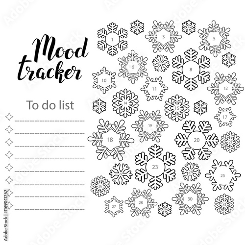Mood tracker blank with hand drawn lettering and floral sketch. Bullet journal or monthly planer template. Printable organizer, diary, planner for important goals