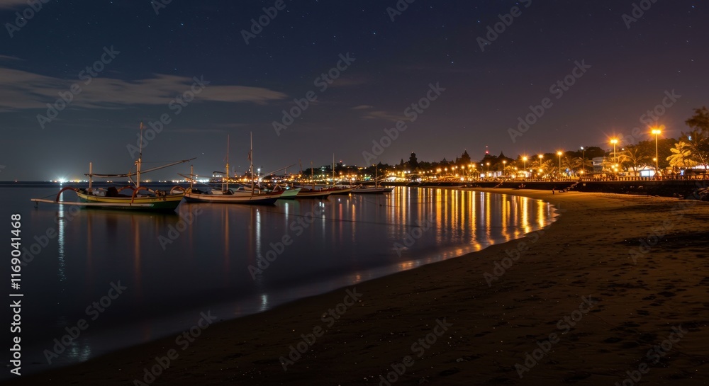Nighttime Seascape Boats Docked Beach Lights Stars Nighttime Seascape Boats Docked Beach Lights Stars