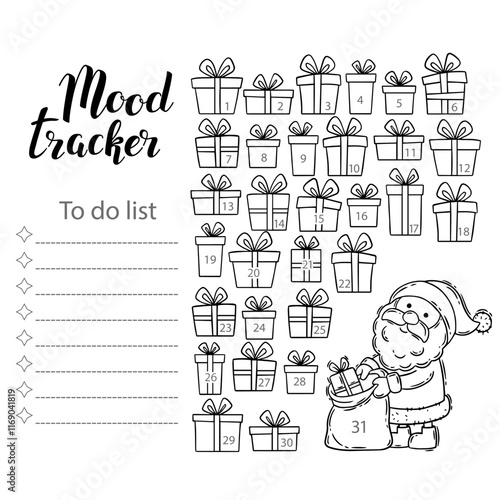 Mood tracker blank with hand drawn lettering and floral sketch. Bullet journal or monthly planer template. Printable organizer, diary, planner for important goals