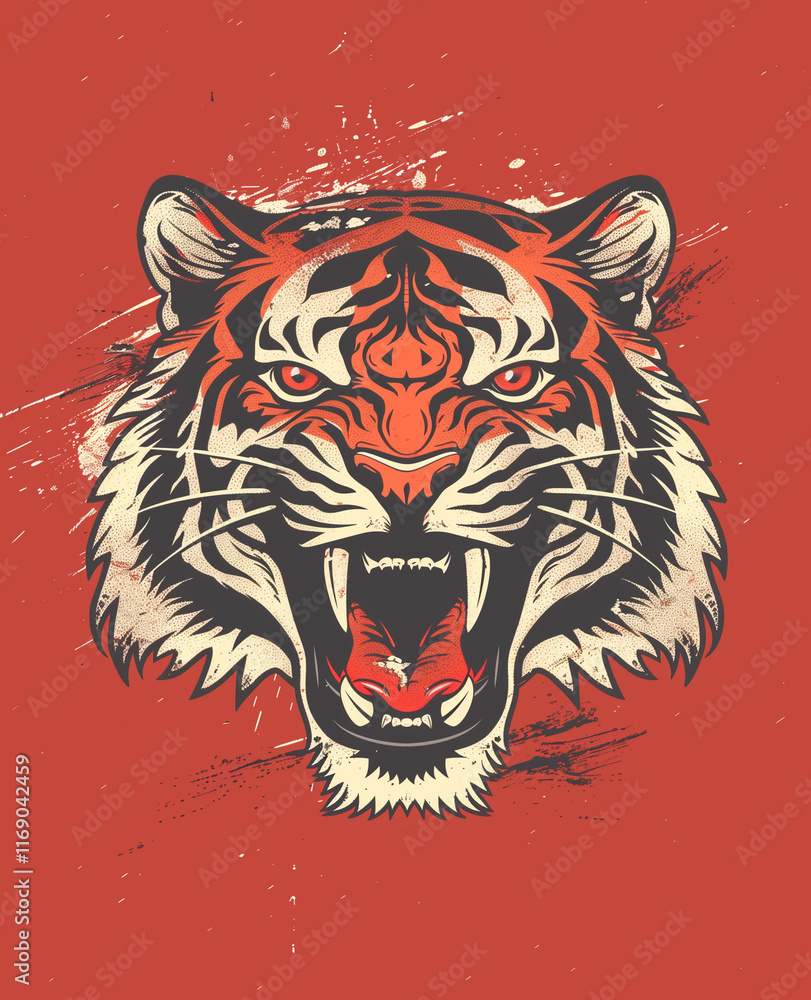 Fototapeta premium Fierce Tiger Illustration with Bold Lines and Rich Colors on Red Background 