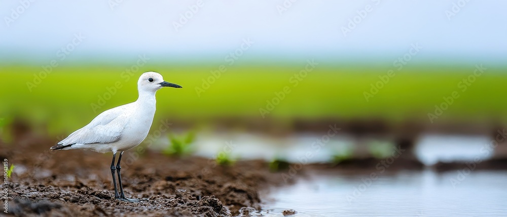A white bird standing by water in a green landscape. A white bird standing by water in a green landscape.