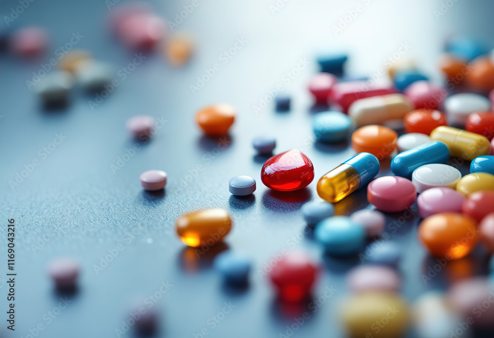A red blood drop-shaped object next to various colorful pills and capsules on a table A red blood drop-shaped object next to various colorful pills and capsules on a table