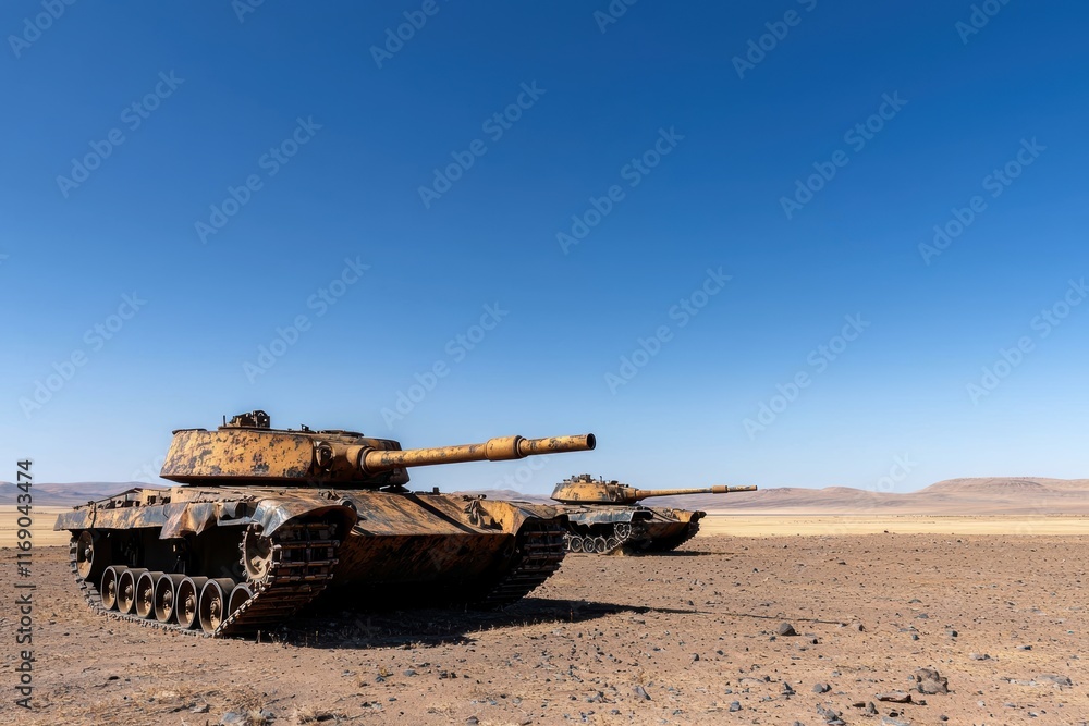 Rows of abandoned, rusting tanks in an arid desert landscape, showcasing the haunting remnants of war s powerful but obsolete machinery Rows of abandoned, rusting tanks in an arid desert landscape, showcasing the haunting remnants of war s powerful but obsolete machinery