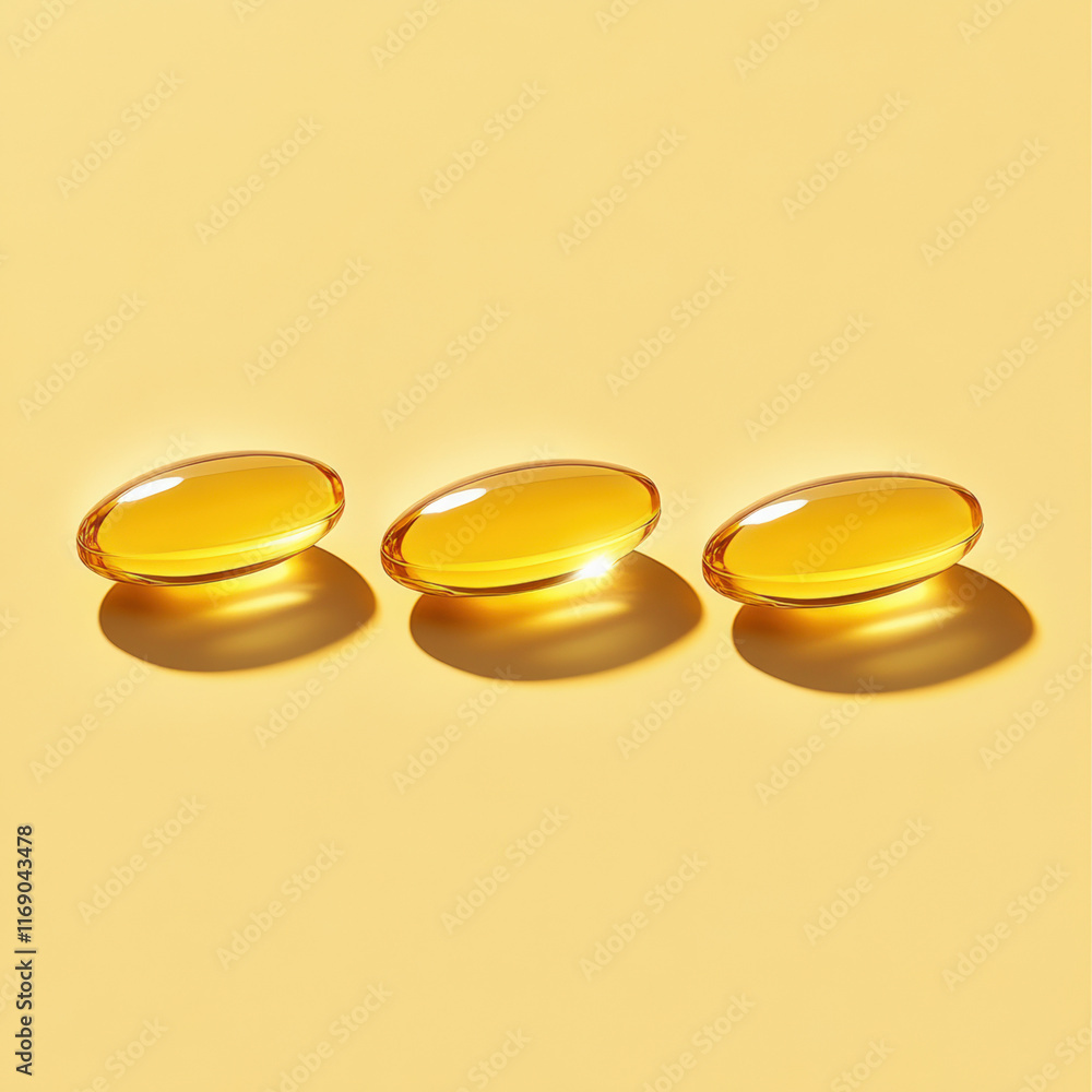 Four yellow, oval-shaped oil softgels arranged in two rows, one below the other, on an isolated light orange background. Four yellow, oval-shaped oil softgels arranged in two rows, one below the other, on an isolated light orange background.