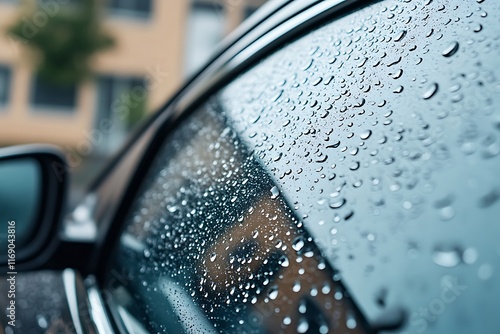 Rain drops on the car glass with bokeh light background.