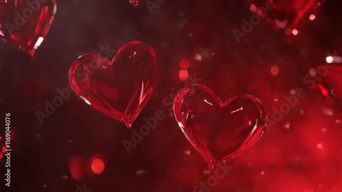 Red hearts float against a dark background illuminated by soft light creating a romantic atmosphere for special occasions