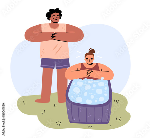 Woman taking ice bath using instructions on breathing concept flat illustration.