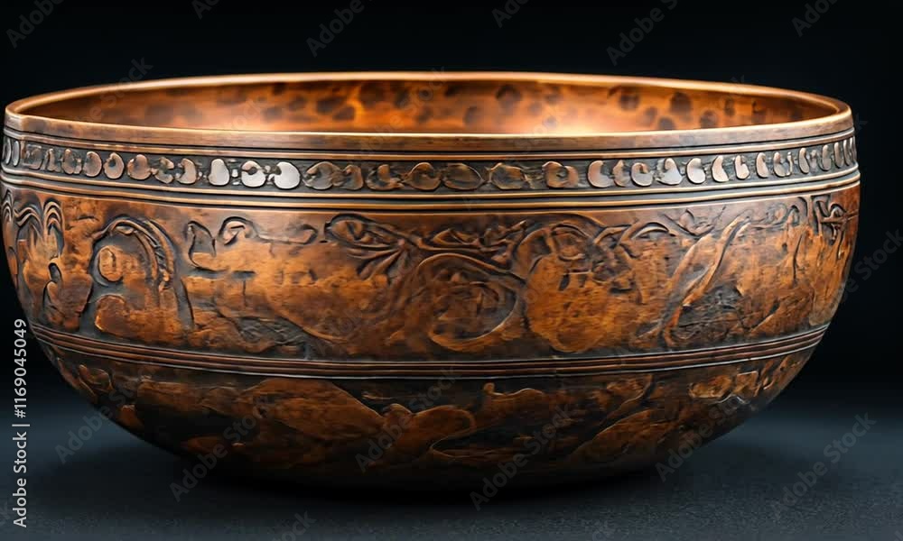 Ornate copper bowl with intricate floral designs and patterns. Ornate copper bowl with intricate floral designs and patterns.