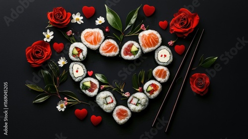 Heart shaped Valentine day sushi set. Classic sushi rolls, philadelphia, maki set for two, with two pairs of chopsticks for Valentine's dating dinner, with rose flowers bouquet on dark background photo