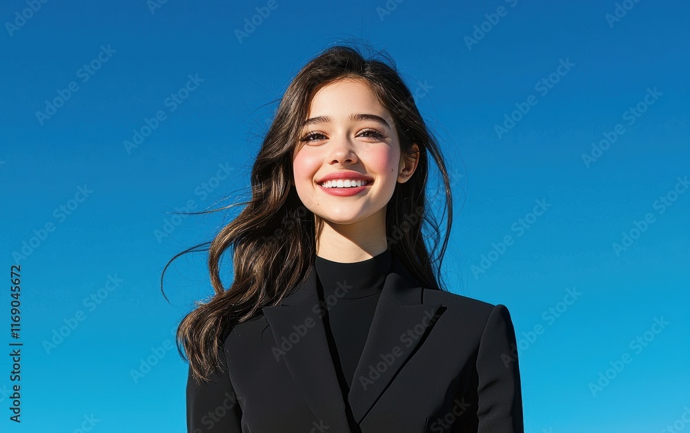 Radiant young lady in a suit, smiling brightly under a clear blue sky, exuding confidence and enthusiasm in an outdoor setting Radiant young lady in a suit, smiling brightly under a clear blue sky, exuding confidence and enthusiasm in an outdoor setting