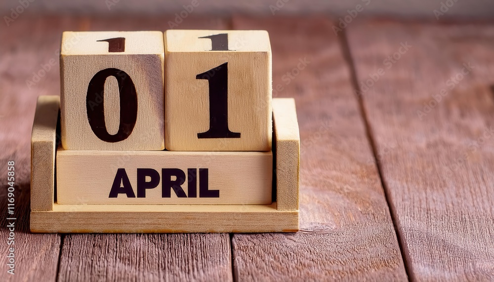 April 1 Wooden Calendar Block Display on Rustic Wooden Table. Perfect Symbol of April Fool's Day Celebrations, Pranks, and Humor. Decorative Wooden Cubes with Rustic Charm for Festive Ambiance April 1 Wooden Calendar Block Display on Rustic Wooden Table. Perfect Symbol of April Fool's Day Celebrations, Pranks, and Humor. Decorative Wooden Cubes with Rustic Charm for Festive Ambiance