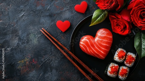 Heart shaped Valentine day sushi set. Classic sushi rolls, philadelphia, maki set for two, with two pairs of chopsticks for Valentine's dating dinner, with rose flowers bouquet on dark background photo