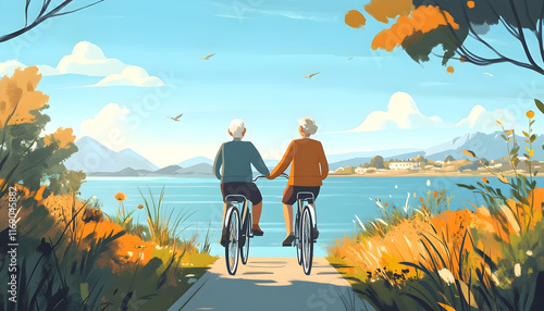 A happy older couple cycling together on a sunny day, enjoying nature and each othera??s company photo