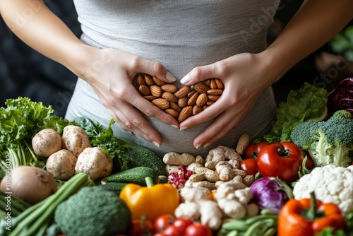 Nourishing heart a pregnant woman embraces healthy foods at home capturing the essence of maternal nutrition
