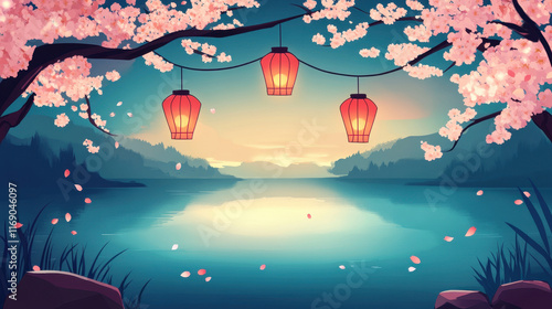 Serene Cherry Blossom Lake: Tranquil evening scene with cherry blossom trees, glowing lanterns hanging over a calm lake, and a picturesque sunset in the background. Perfect for relaxation, meditation.