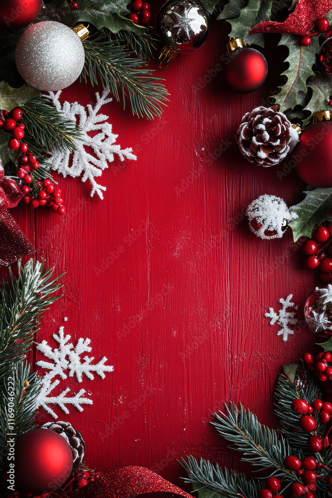 Festive Christmas Frame Decorated With Snowflakes, Ornaments, and Pine Accents, Creating a Warm Holiday Atmosphere Festive Christmas Frame Decorated With Snowflakes, Ornaments, and Pine Accents, Creating a Warm Holiday Atmosphere