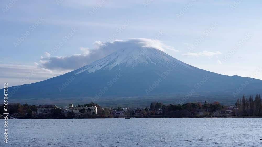 View of Mount Fuji during beautiful sunset behind lake Kawaguchiko View of Mount Fuji during beautiful sunset behind lake Kawaguchiko