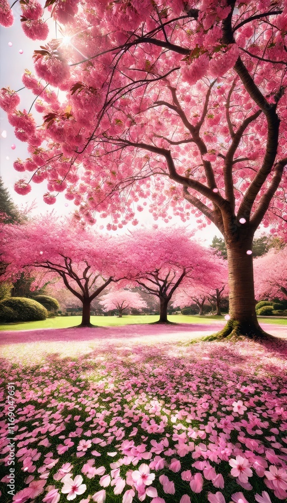 Naklejka premium A beautiful park featuring several cherry blossom trees in full bloom. Soft pink petals gently fall from the trees.